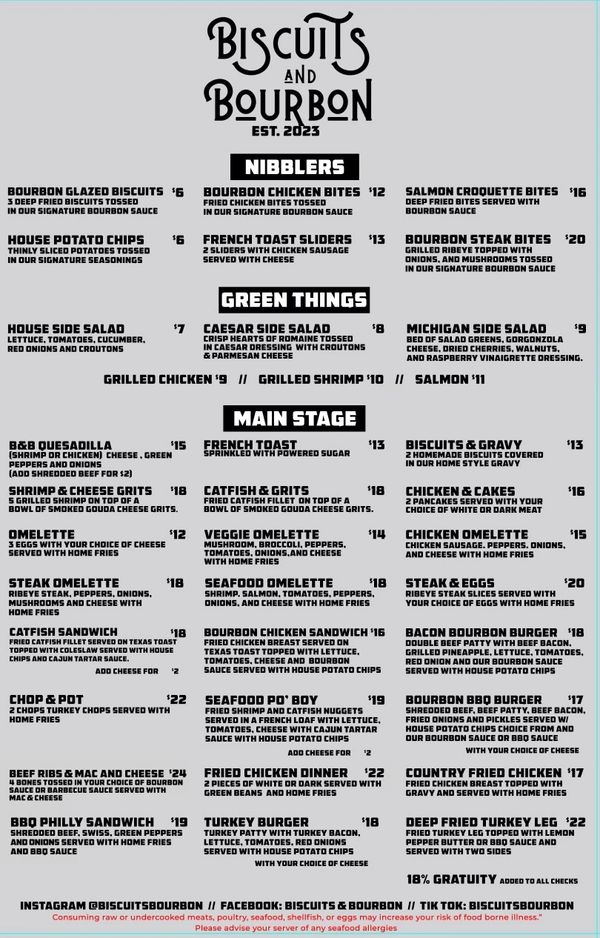 Menu Biscuits and Bourbon